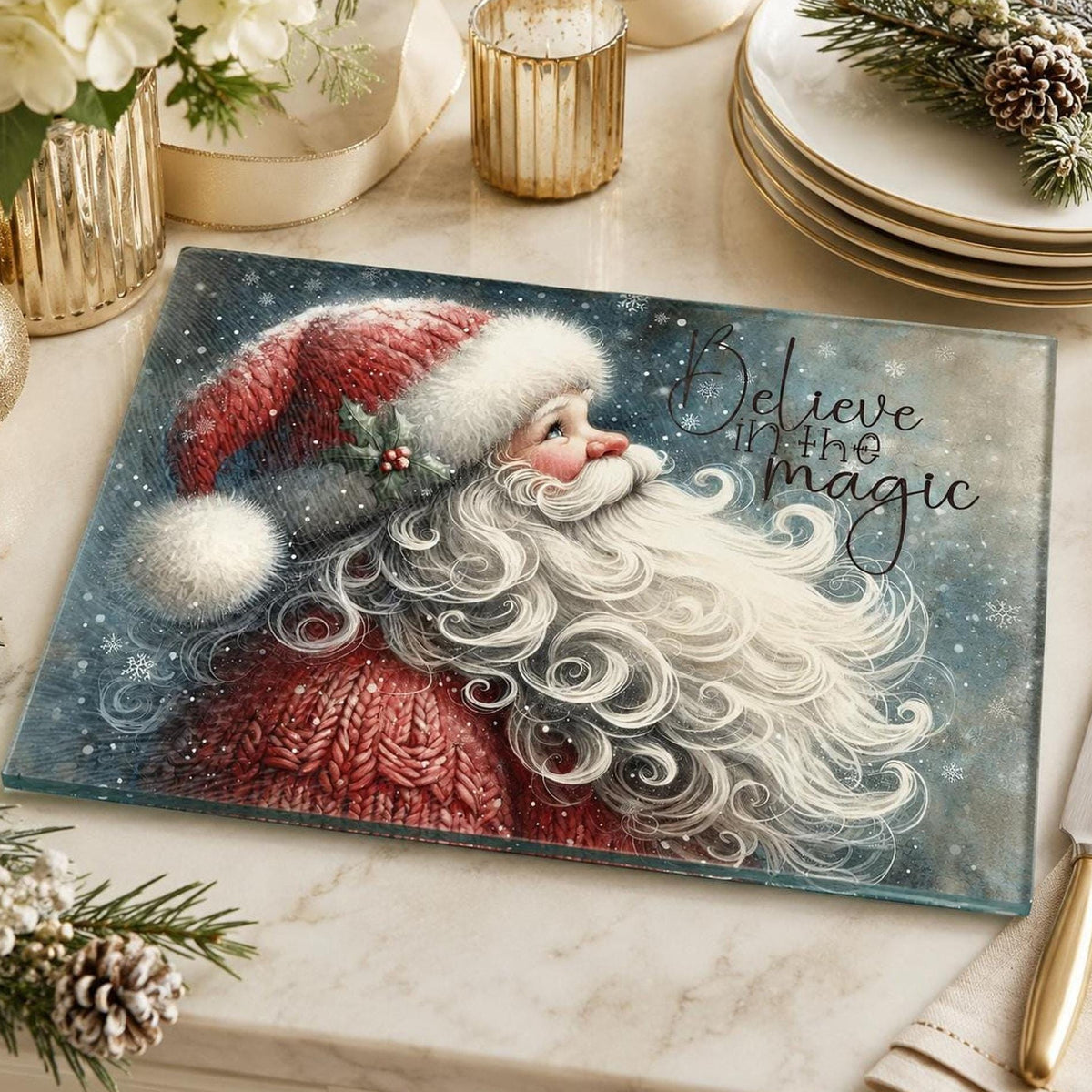 Glass Cutting Board, Vintage Santa Christmas Kitchen Decor