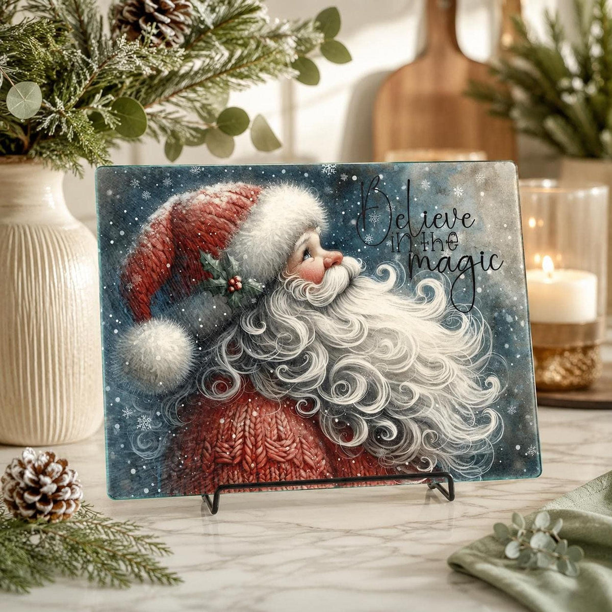 Glass Cutting Board, Vintage Santa Christmas Kitchen Decor