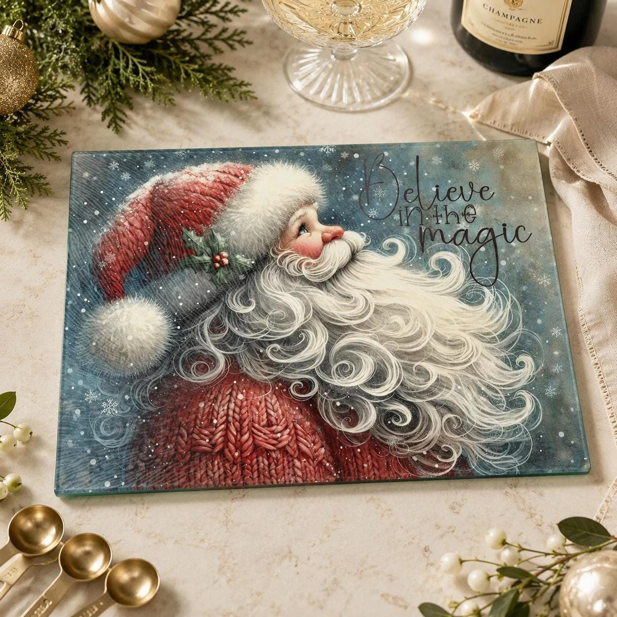 Glass Cutting Board, Vintage Santa Christmas Kitchen Decor