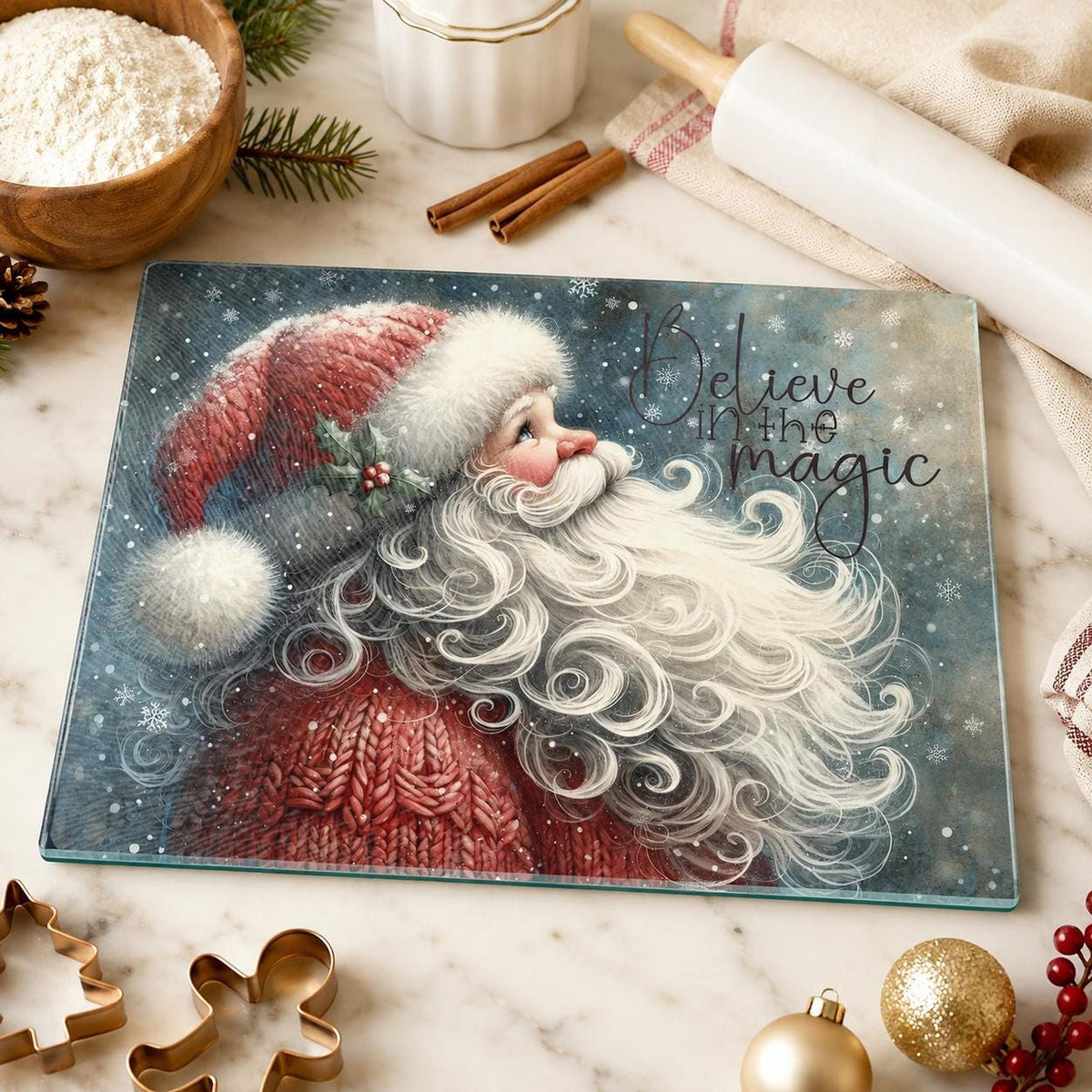 Glass Cutting Board, Vintage Santa Christmas Kitchen Decor