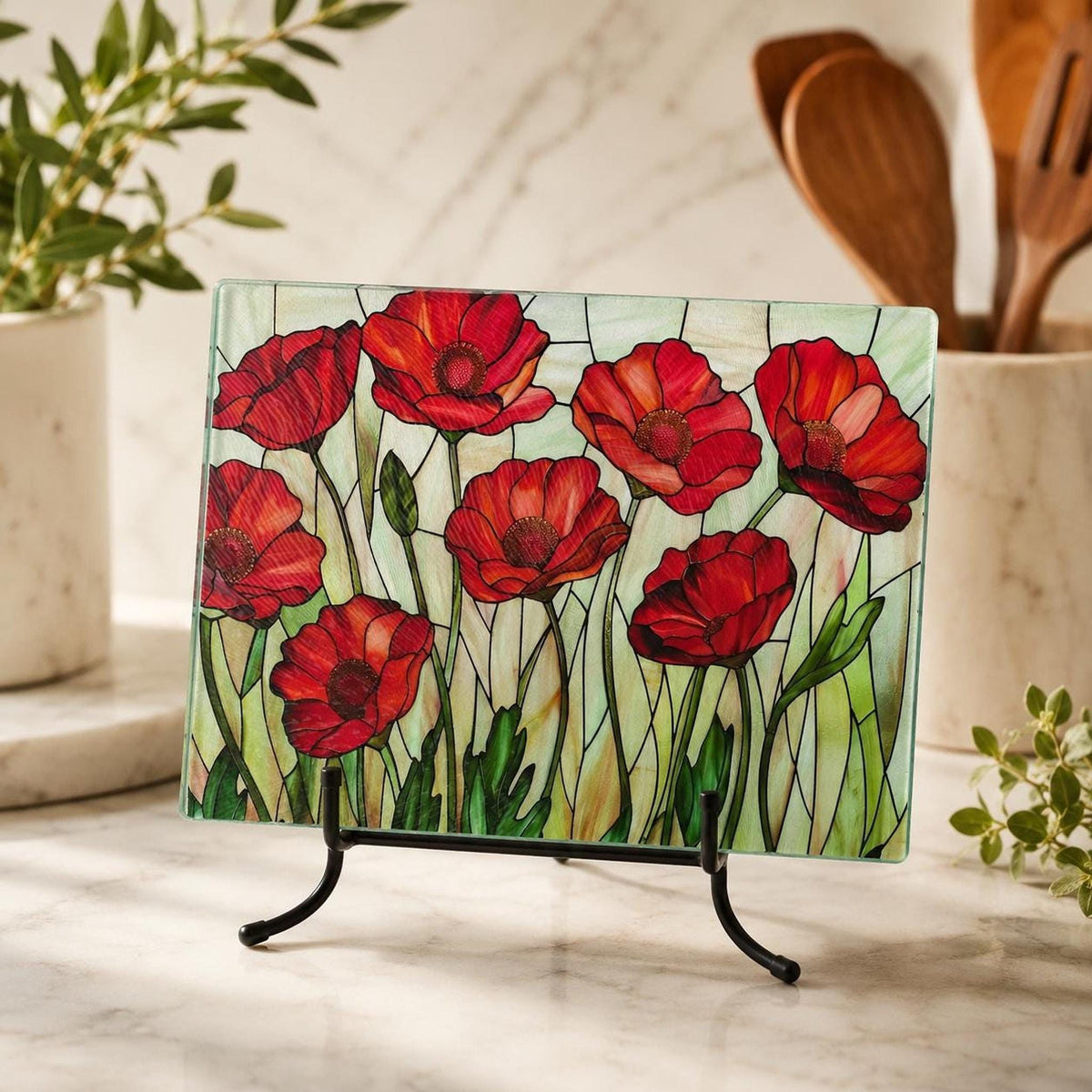Glass Cutting Board, Red Poppy Floral Charcuterie Tray, Two Sizes
