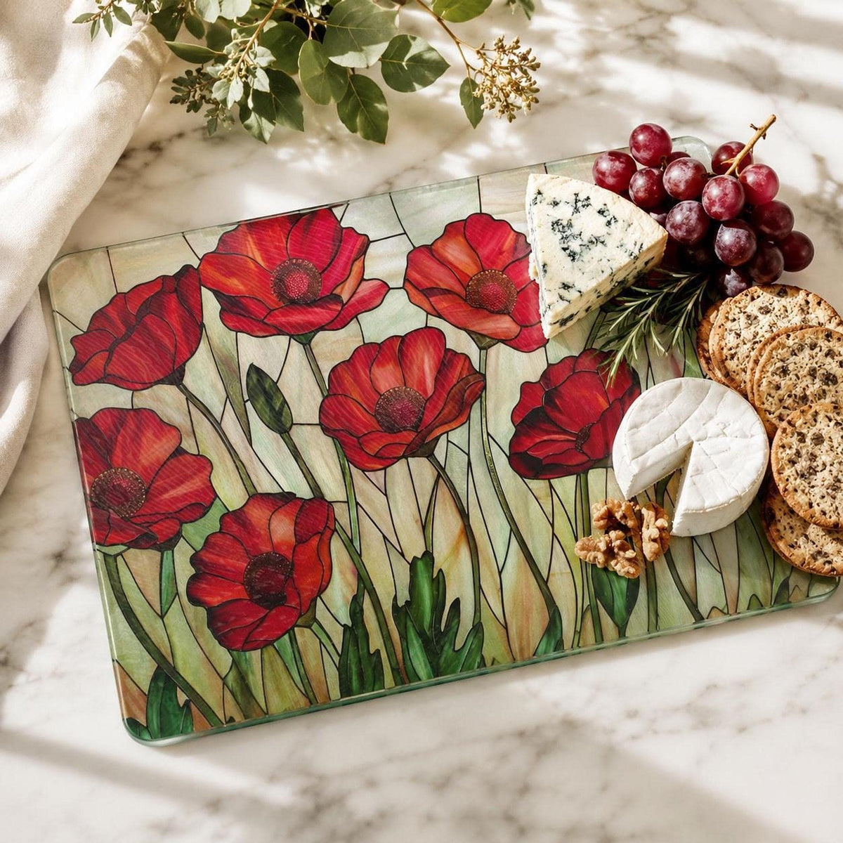 Glass Cutting Board, Red Poppy Floral Charcuterie Tray, Two Sizes
