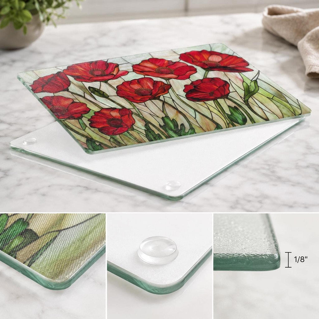 Glass Cutting Board, Red Poppy Floral Charcuterie Tray, Two Sizes