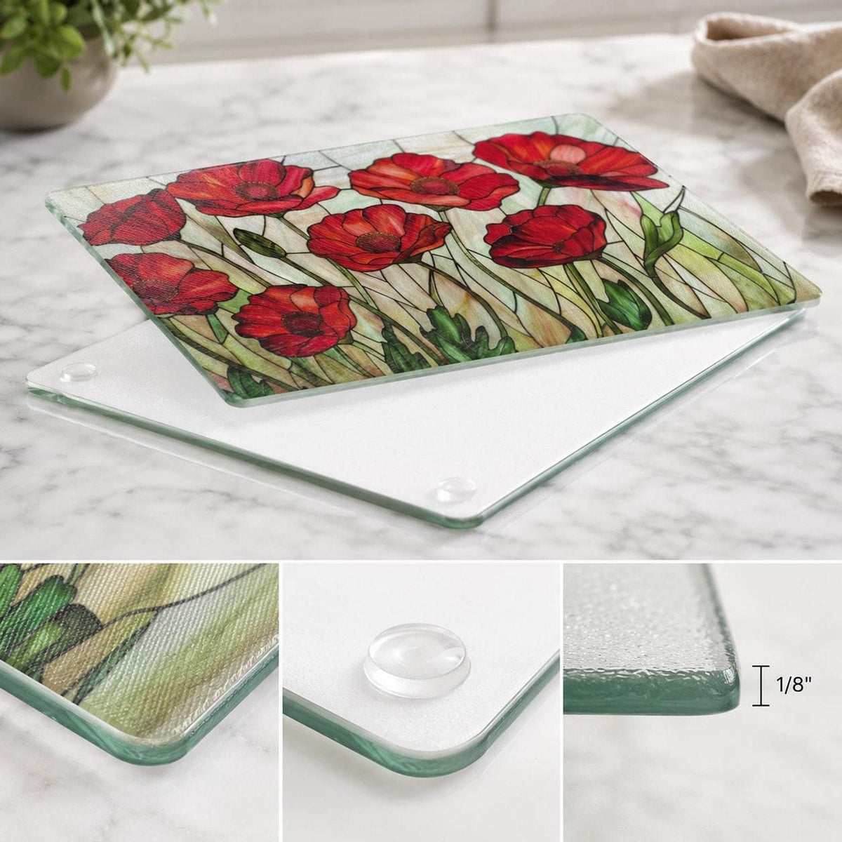 Glass Cutting Board, Red Poppy Floral Charcuterie Tray, Two Sizes