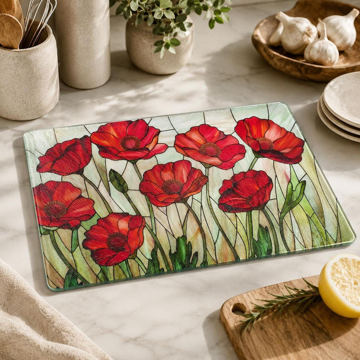 Glass Cutting Board, Red Poppy Floral Charcuterie Tray, Two Sizes