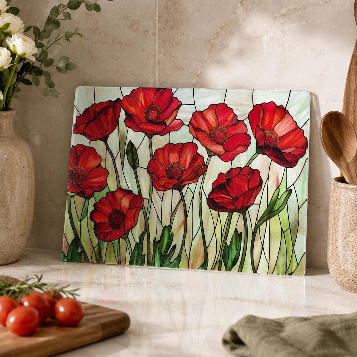 Glass Cutting Board, Red Poppy Floral Charcuterie Tray, Two Sizes