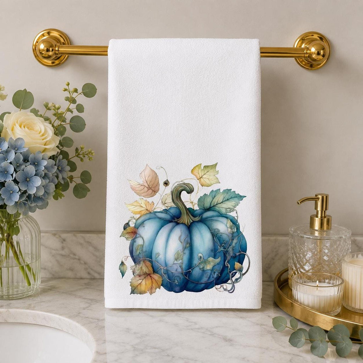 Blue Pumpkin Towel, Elegant Fall Hand for Hostess Gift