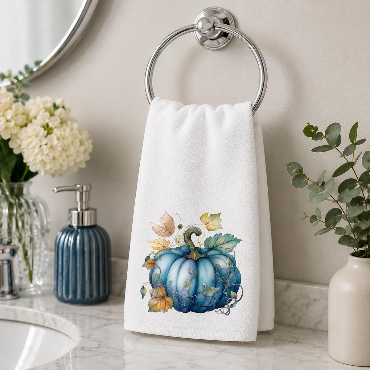 Blue Pumpkin Towel, Elegant Fall Hand for Hostess Gift