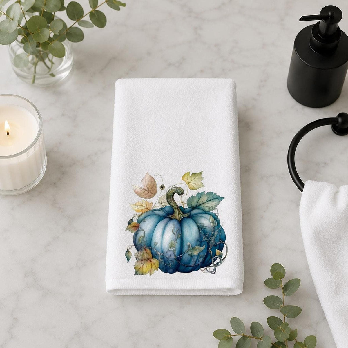 Blue Pumpkin Towel, Elegant Fall Hand for Hostess Gift