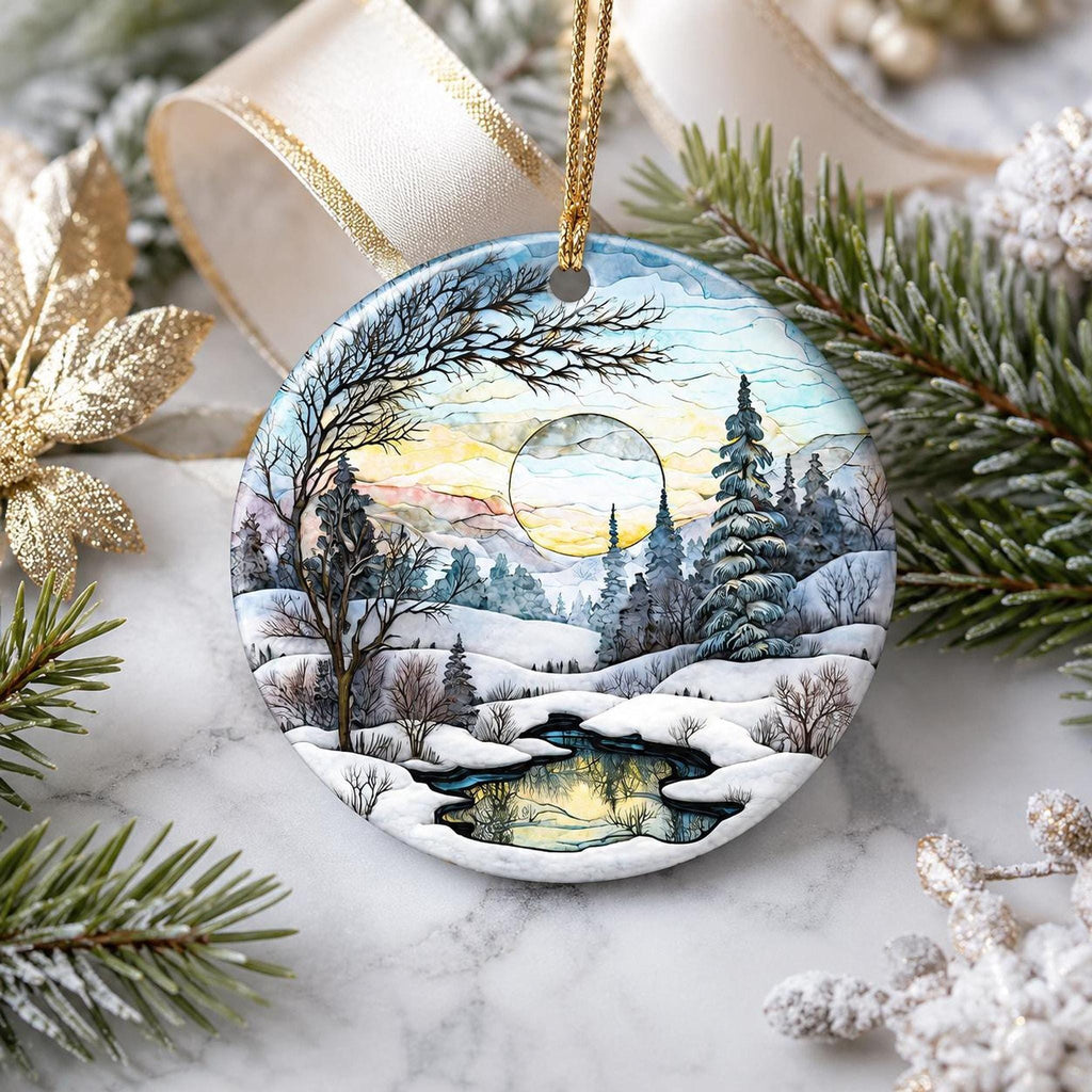 Ceramic Ornament, Snowy Landscape Scene with Personalized Reverse, Glossy White Finish