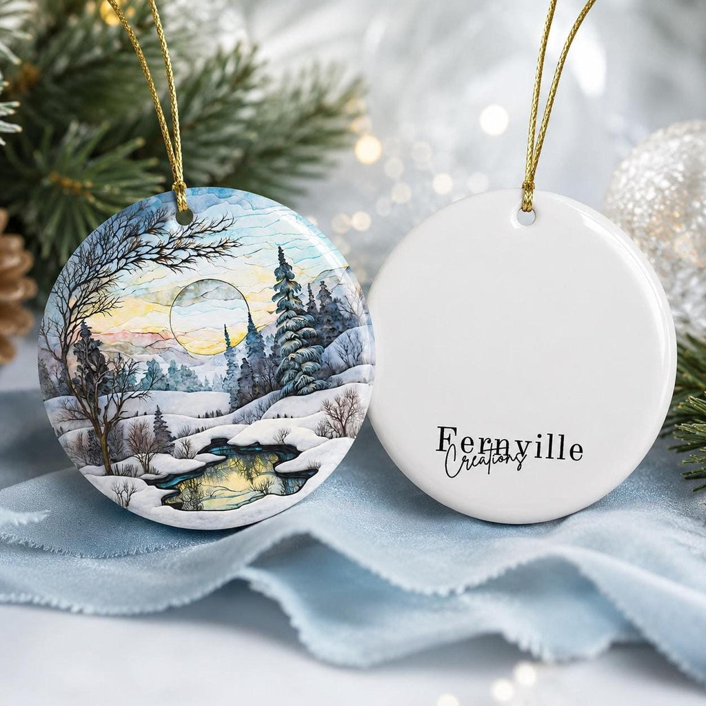Ceramic Ornament, Snowy Landscape Scene with Personalized Reverse, Glossy White Finish