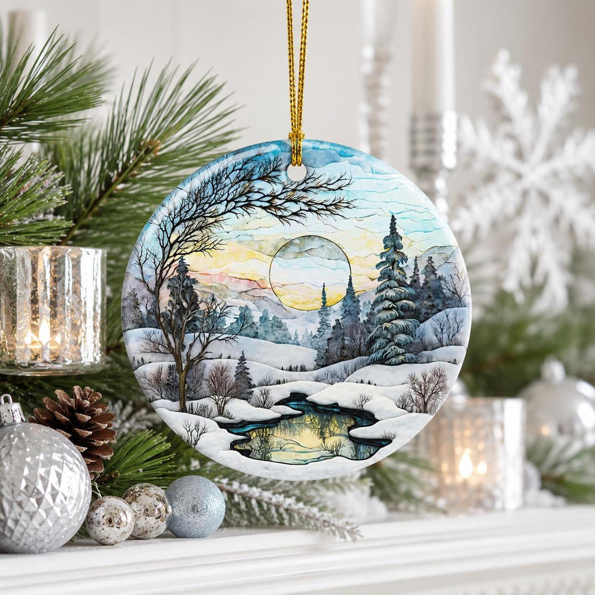 Ceramic Ornament, Snowy Landscape Scene with Personalized Reverse, Glossy White Finish