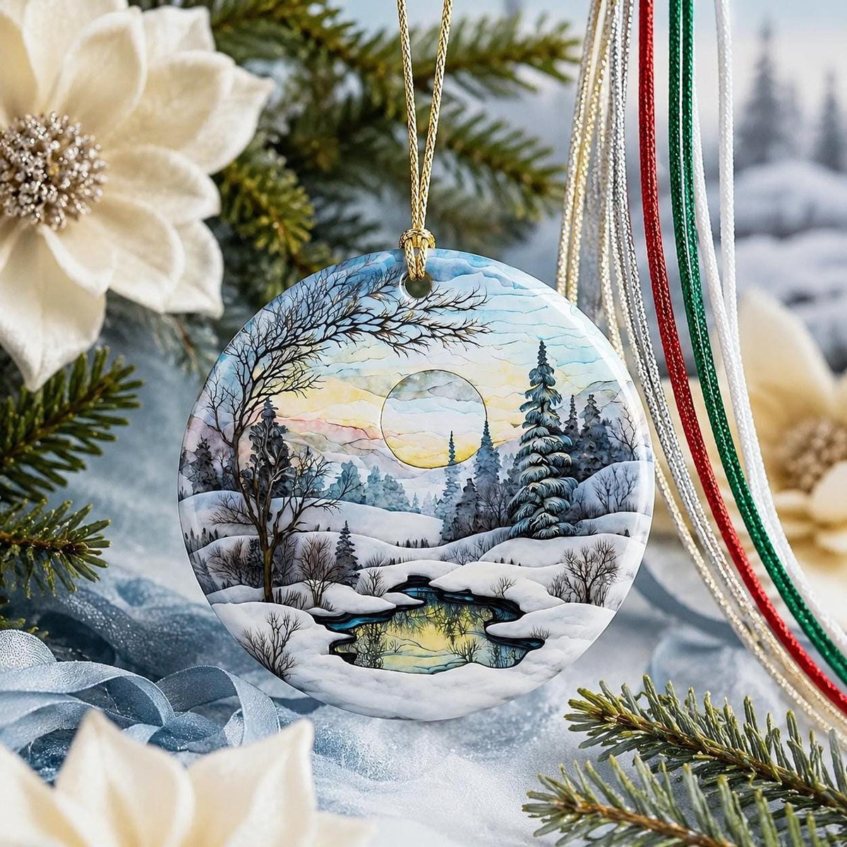 Ceramic Ornament, Snowy Landscape Scene with Personalized Reverse, Glossy White Finish