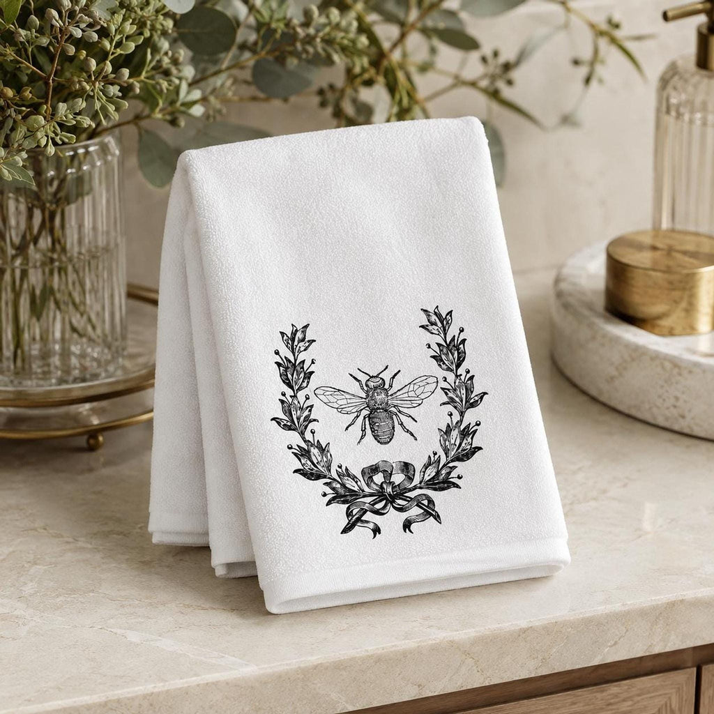 Farmhouse Towel, Vintage Bee Botanical Print, 11 x 18 Inch Cotton Terry Back