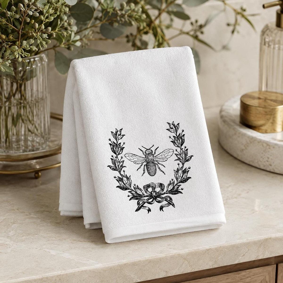 Farmhouse Towel, Vintage Bee Botanical Print, 11 x 18 Inch Cotton Terry Back