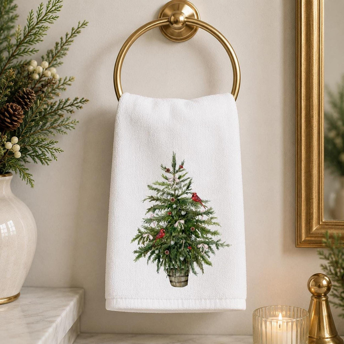 Christmas Guest Bath Fingertip Towel, Watercolor Cardinal Decor