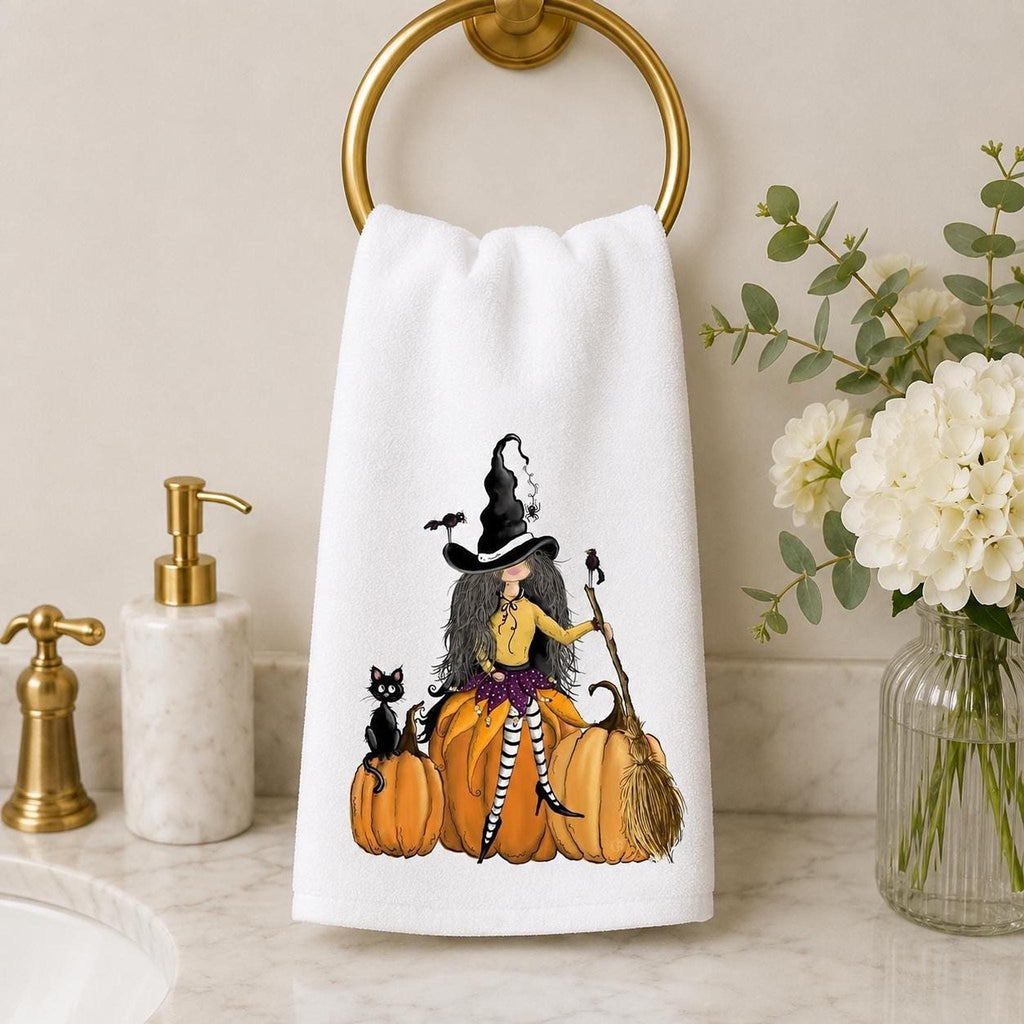 Halloween Hand Towel with Witch, Black Cat, and Pumpkins Design