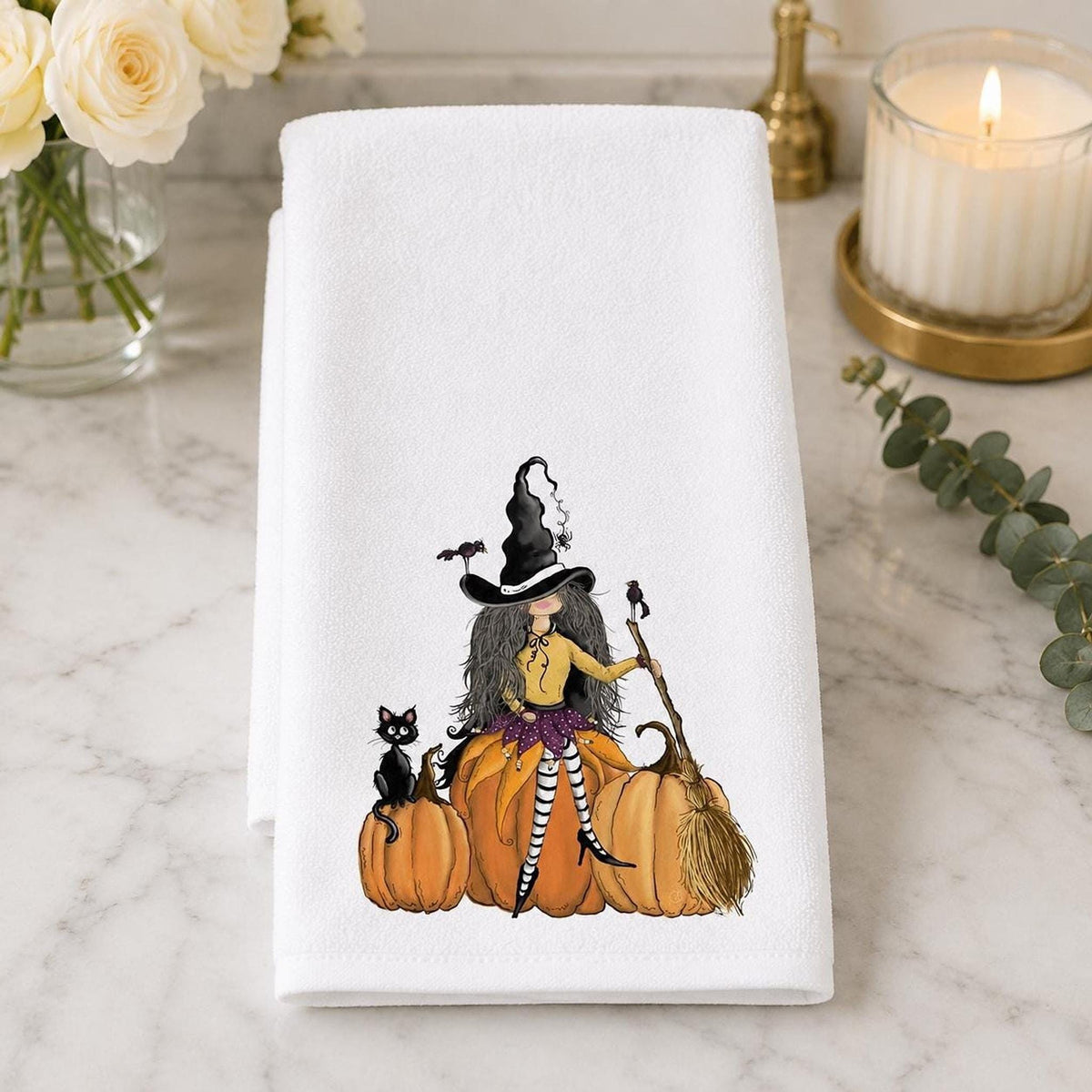 Halloween Hand Towel with Witch, Black Cat, and Pumpkins Design