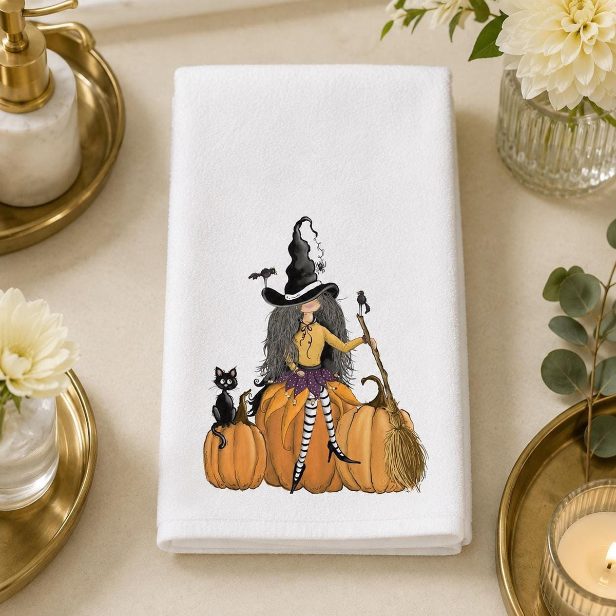 Halloween Hand Towel with Witch, Black Cat, and Pumpkins Design