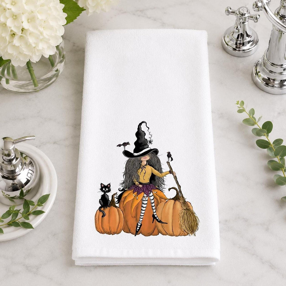 Halloween Hand Towel with Witch, Black Cat, and Pumpkins Design