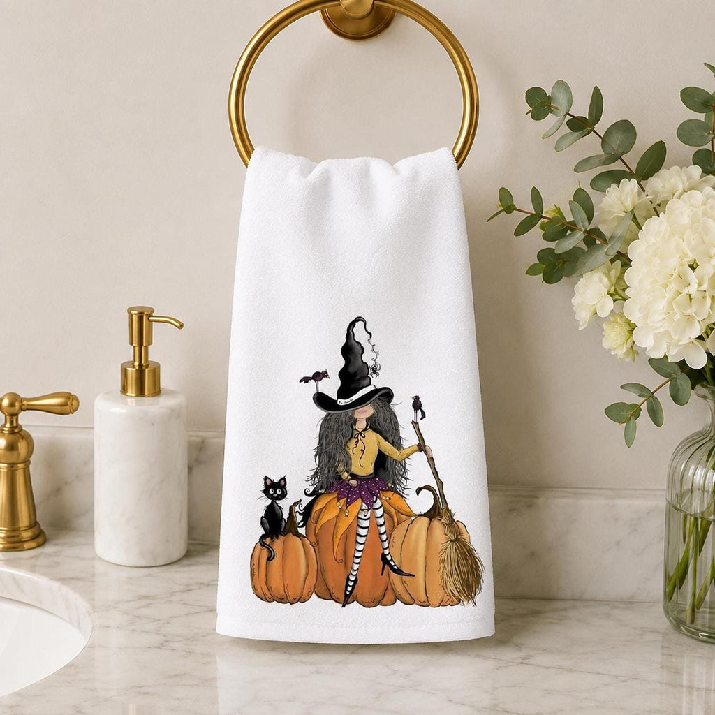 Halloween Hand Towel with Witch, Black Cat, and Pumpkins Design