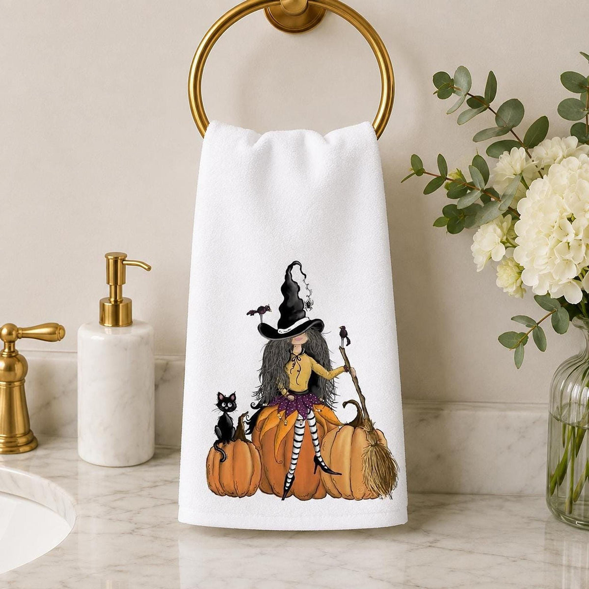 Halloween Hand Towel with Witch, Black Cat, and Pumpkins Design
