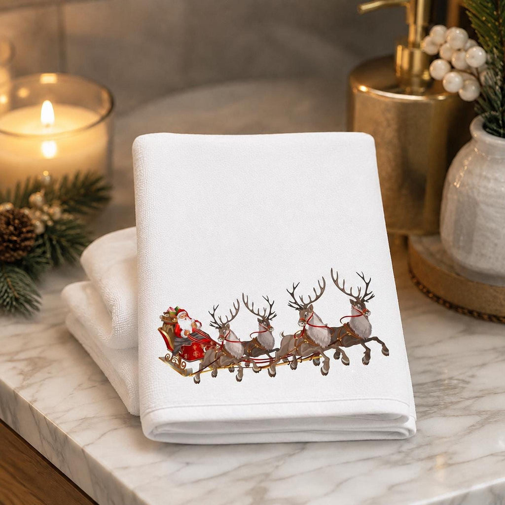 Fingertip Towel, Santa Sleigh Print with Cotton Terrycloth Back