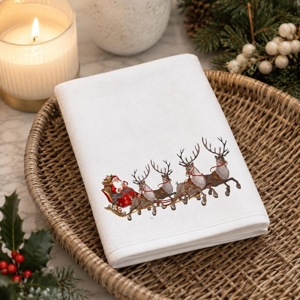 Fingertip Towel, Santa Sleigh Print with Cotton Terrycloth Back