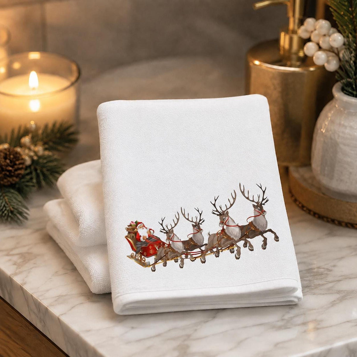 Fingertip Towel, Santa Sleigh Print with Cotton Terrycloth Back