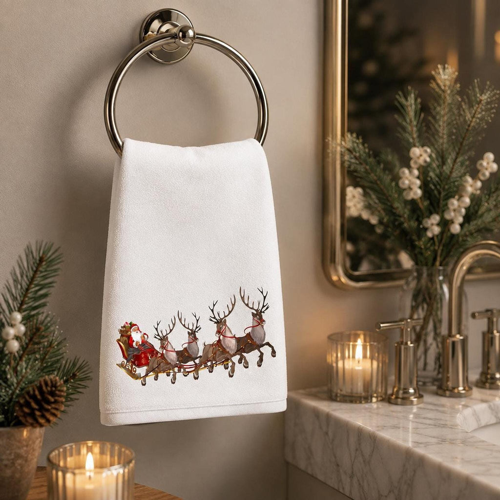 Fingertip Towel, Santa Sleigh Print with Cotton Terrycloth Back
