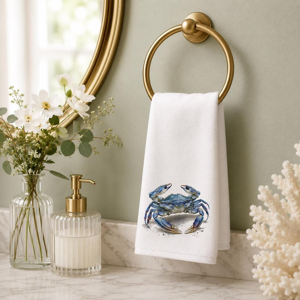 Powder Room Blue Crab Fingertip Towel, 11 x 18-Inch Coastal Bath Decor