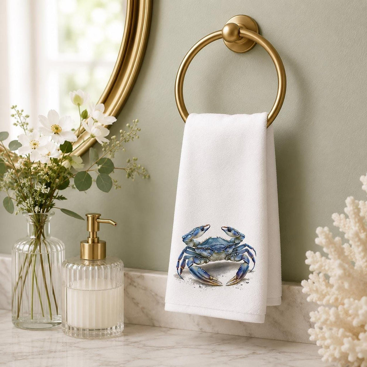 Powder Room Blue Crab Fingertip Towel, 11 x 18-Inch Coastal Bath Decor