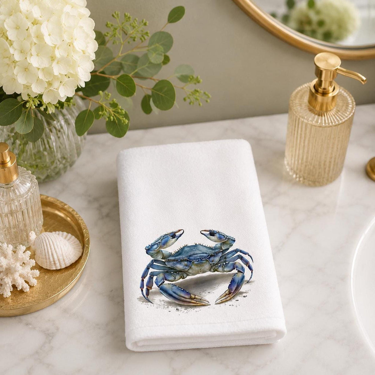 Powder Room Blue Crab Fingertip Towel, 11 x 18-Inch Coastal Bath Decor