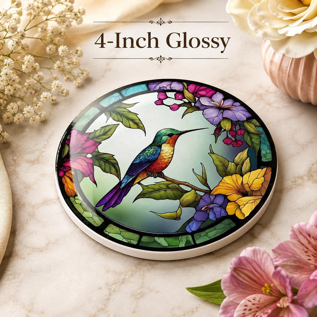 Hummingbird Coaster, Colorful Ceramic Drink Mat with Floral Design