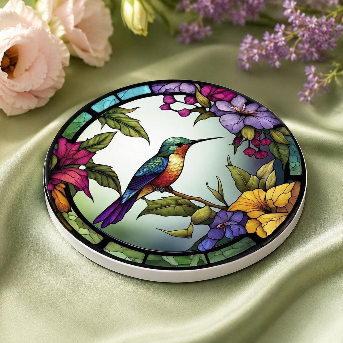 Hummingbird Coaster, Colorful Ceramic Drink Mat with Floral Design