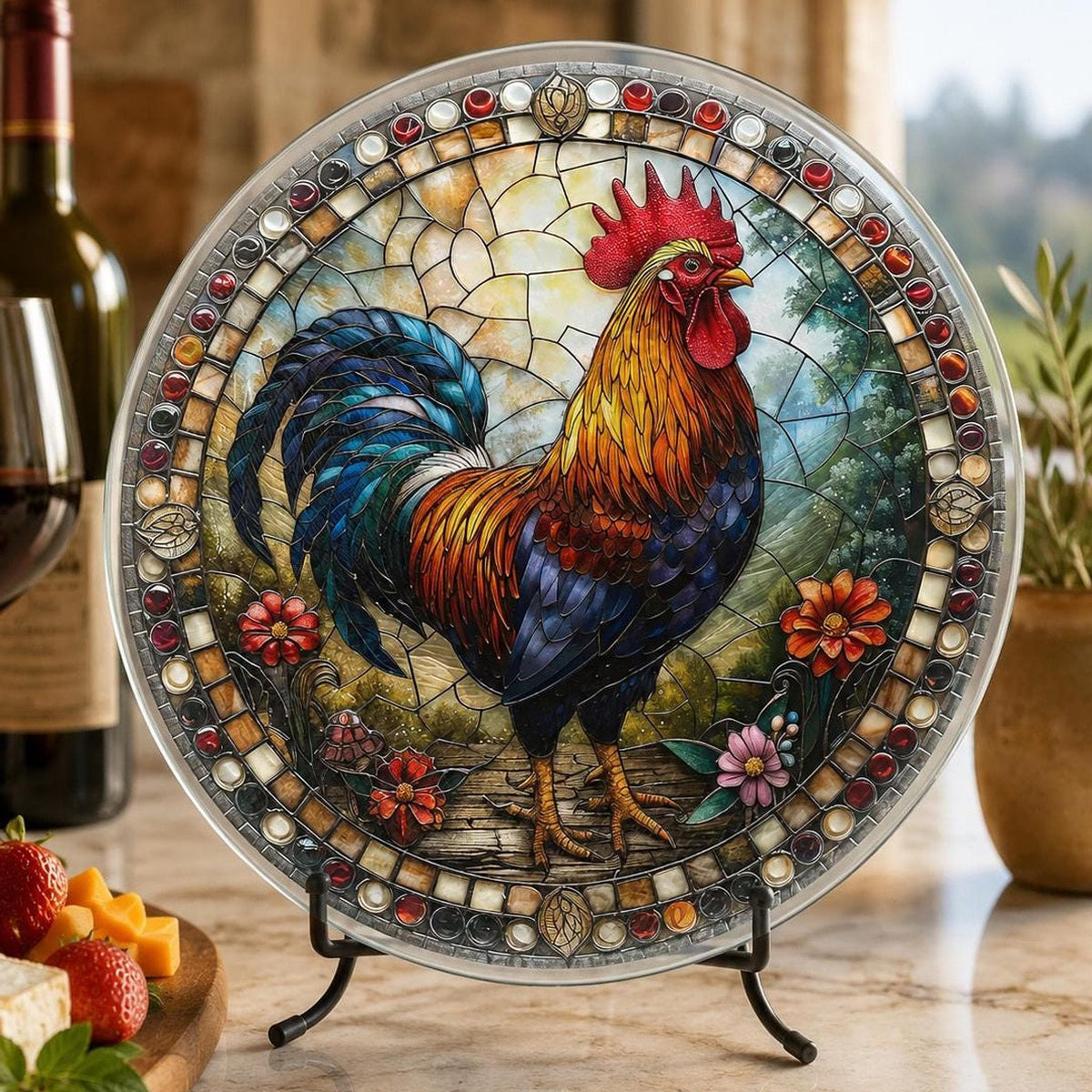 Glass Cutting Board, Rooster Charcuterie Tray, 8-Inch or 12-Inch Size