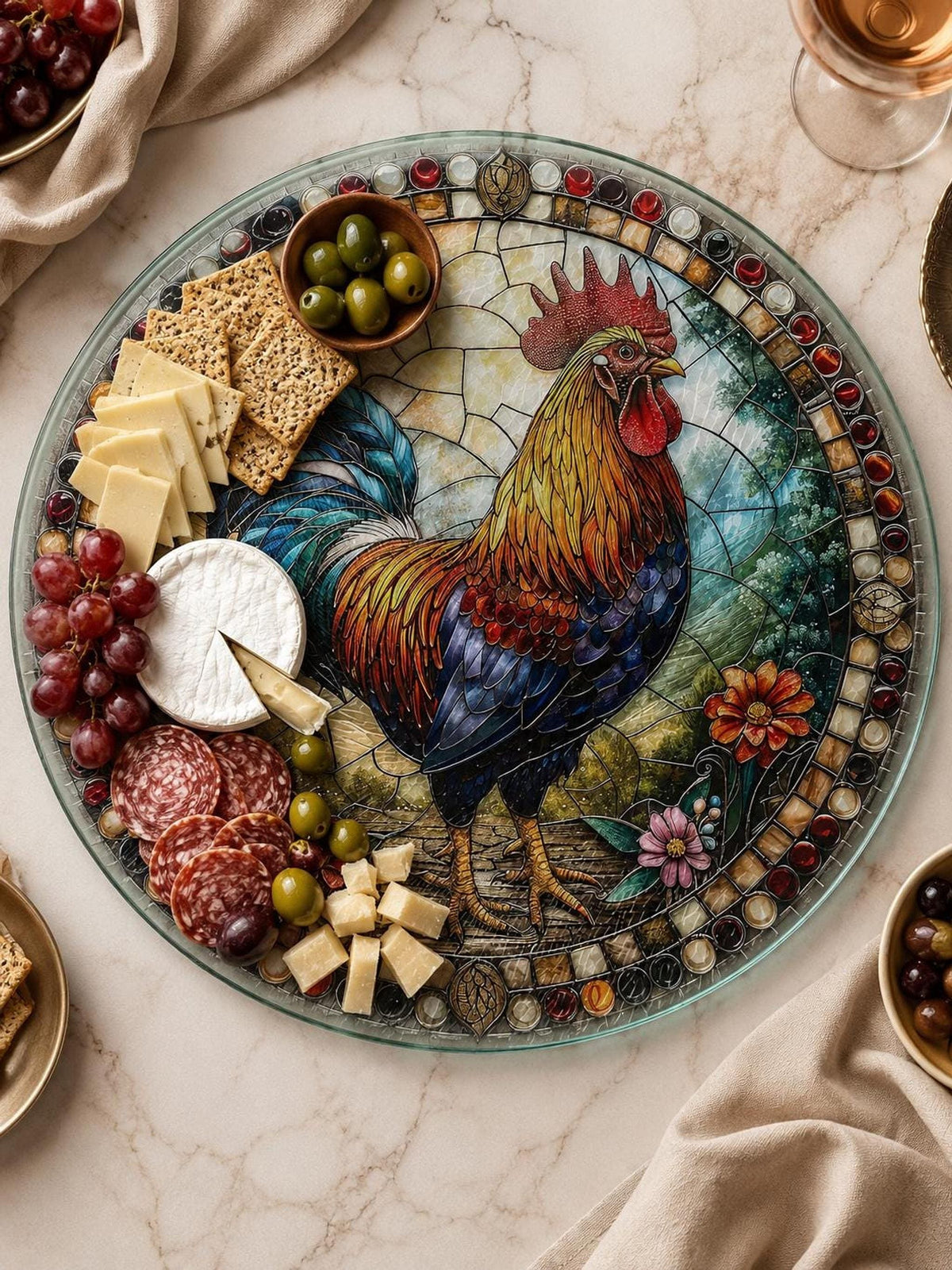 Glass Cutting Board, Rooster Charcuterie Tray, 8-Inch or 12-Inch Size