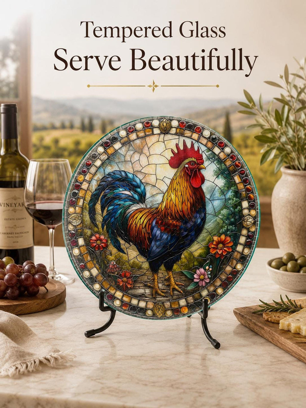 Glass Cutting Board, Rooster Charcuterie Tray, 8-Inch or 12-Inch Size