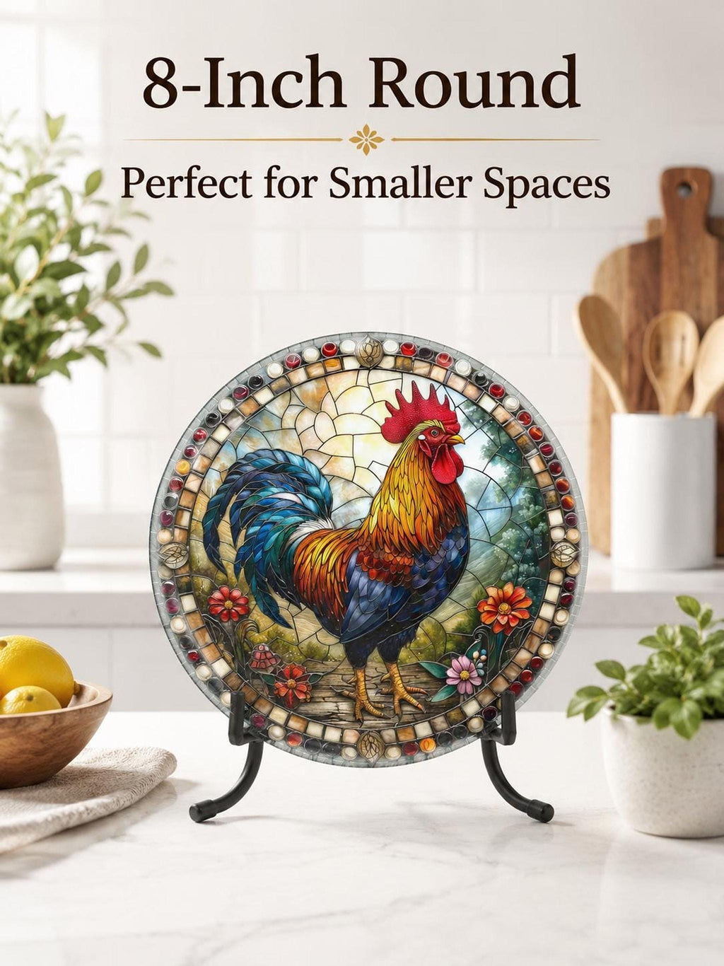 Glass Cutting Board, Rooster Charcuterie Tray, 8-Inch or 12-Inch Size