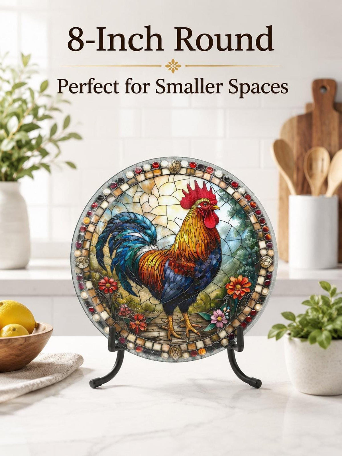 Glass Cutting Board, Rooster Charcuterie Tray, 8-Inch or 12-Inch Size