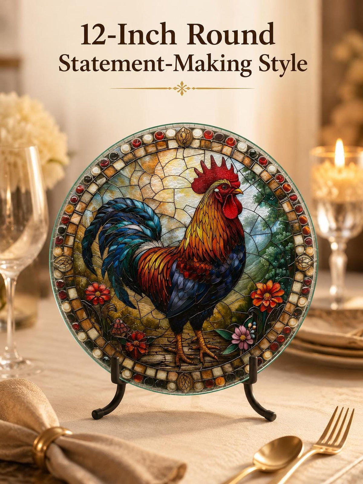 Glass Cutting Board, Rooster Charcuterie Tray, 8-Inch or 12-Inch Size