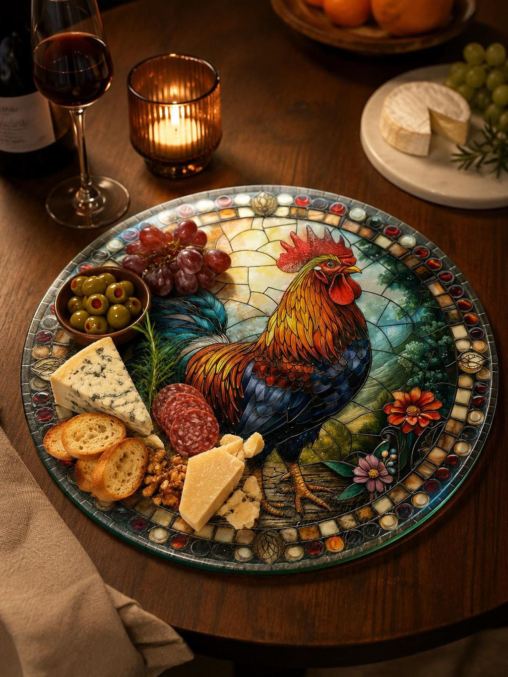 Glass Cutting Board, Rooster Charcuterie Tray, 8-Inch or 12-Inch Size
