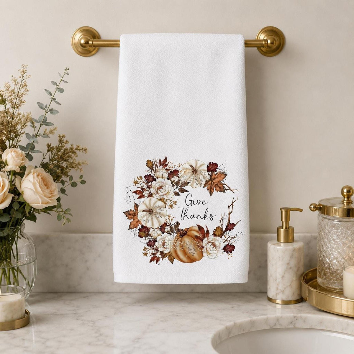 Give Thanks Towel, Autumn Hand with Pumpkin Wreath Design