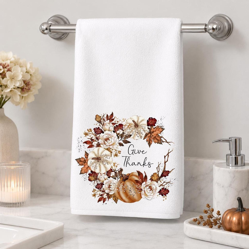 Give Thanks Towel, Autumn Hand with Pumpkin Wreath Design