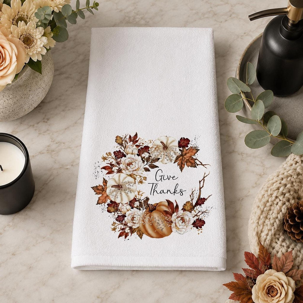 Give Thanks Towel, Autumn Hand with Pumpkin Wreath Design