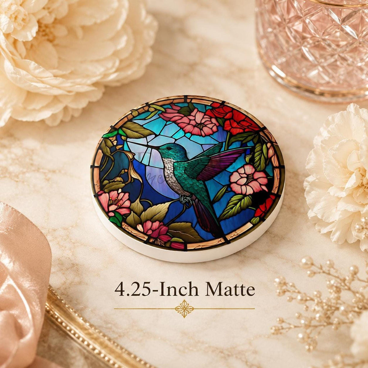 Art Glass Bird Ceramic Coaster, Hummingbird Floral Design, Glossy Or Matte Finish