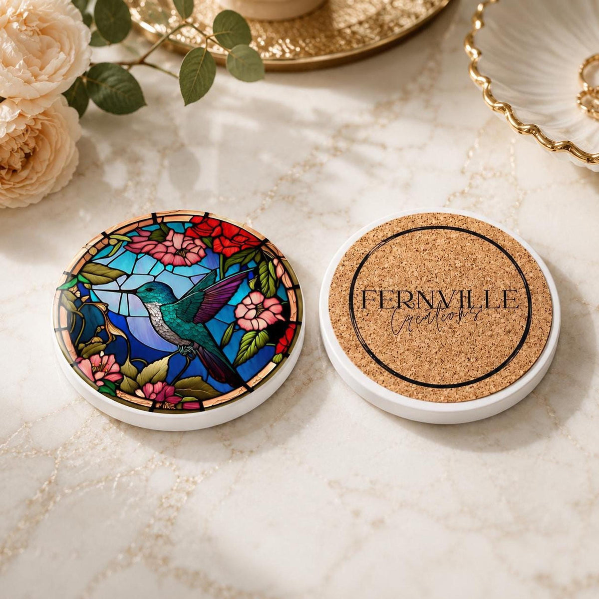 Art Glass Bird Ceramic Coaster, Hummingbird Floral Design, Glossy Or Matte Finish