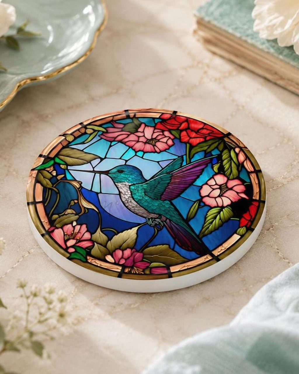 Art Glass Bird Ceramic Coaster, Hummingbird Floral Design, Glossy Or Matte Finish