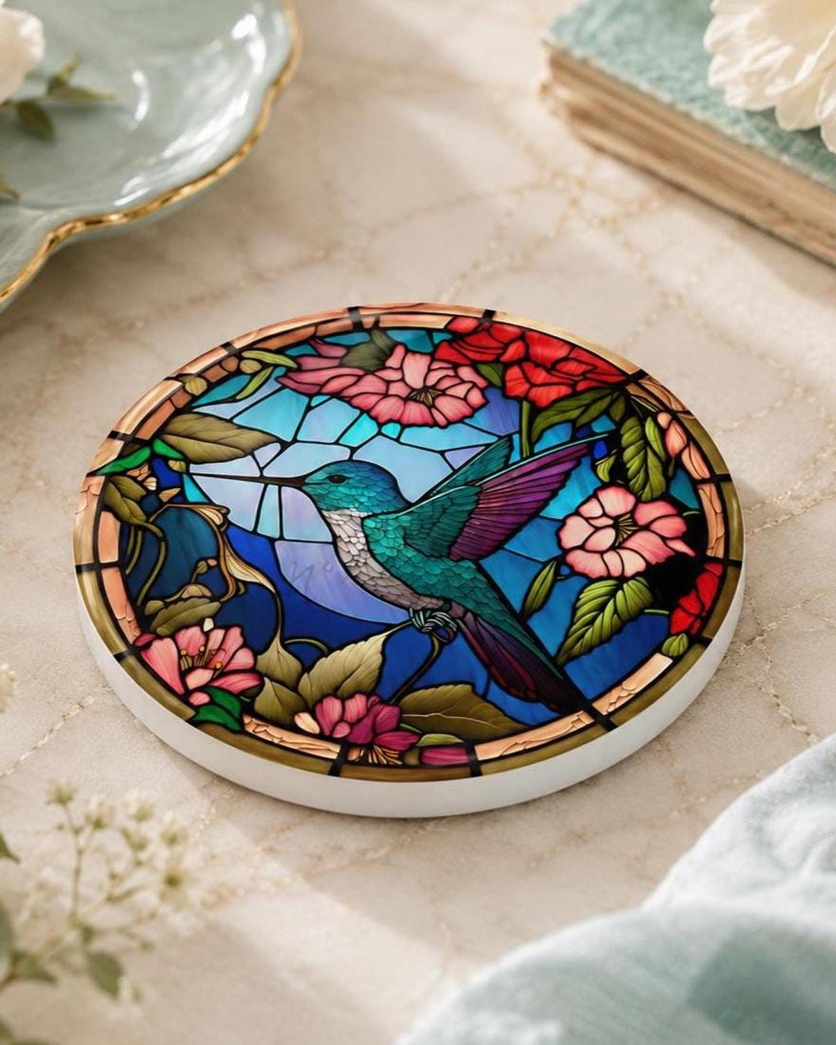 Art Glass Bird Ceramic Coaster, Hummingbird Floral Design, Glossy Or Matte Finish