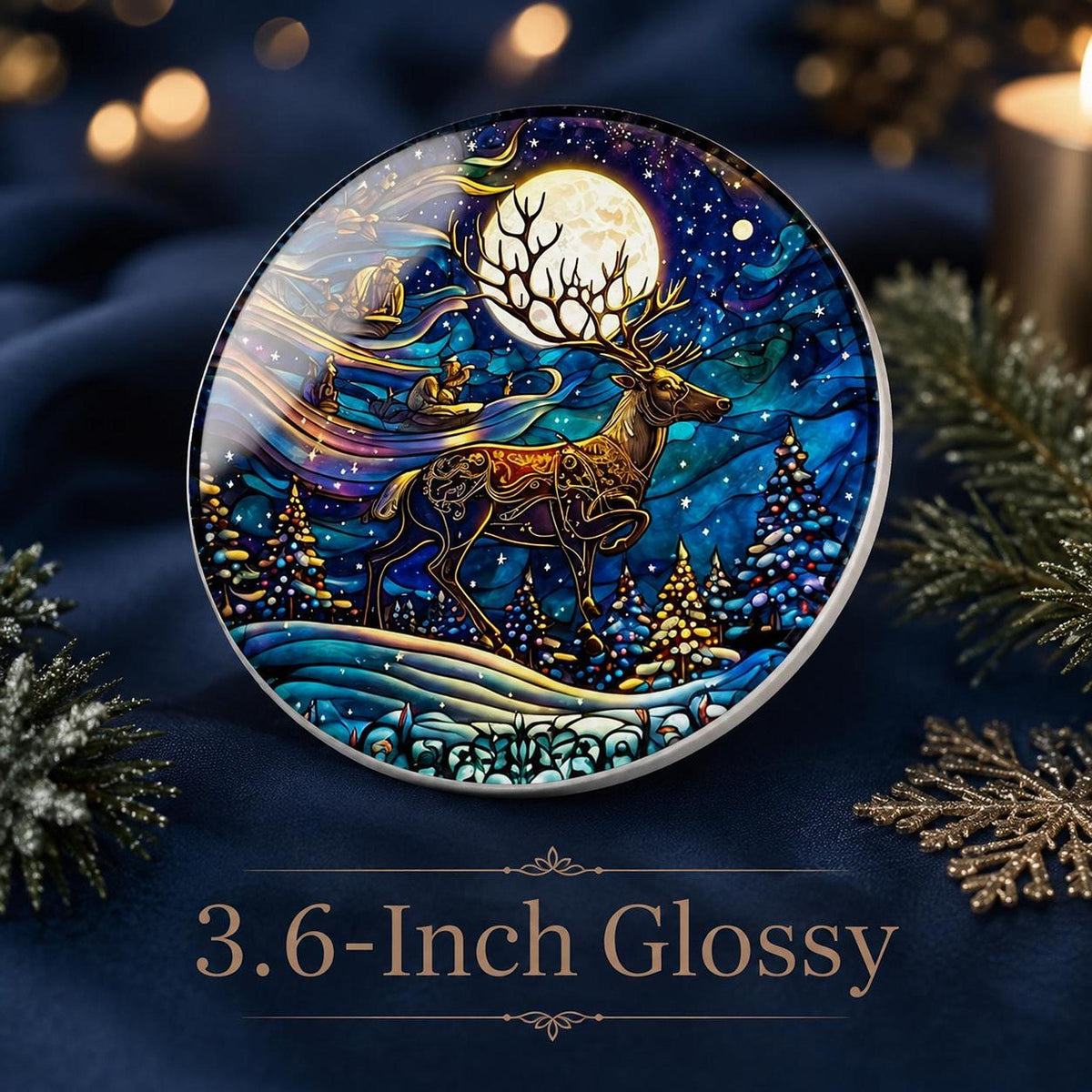 Winter Stag Ceramic Coaster, Moonlit Forest Art for Holiday Table Decor